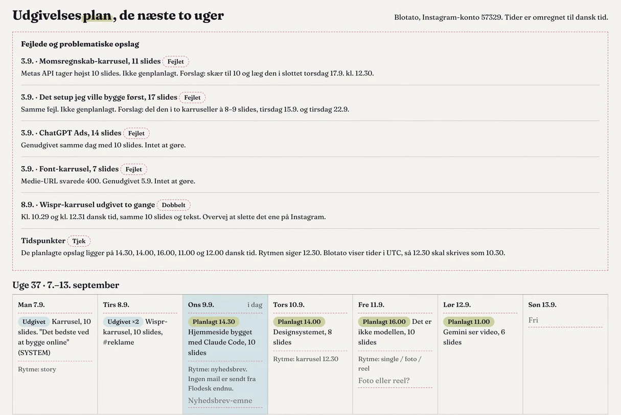Udsnit af Lines marketingdashboard: udgivelsesplan for de næste to uger med fejlede opslag øverst og ugens dage nedenunder.